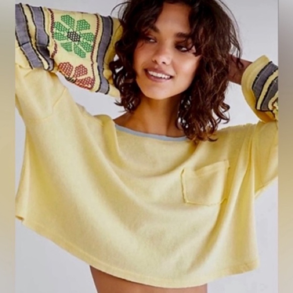 We The Free Yellow Cropped Long Sleeve Tee with Embroidered Sleeves